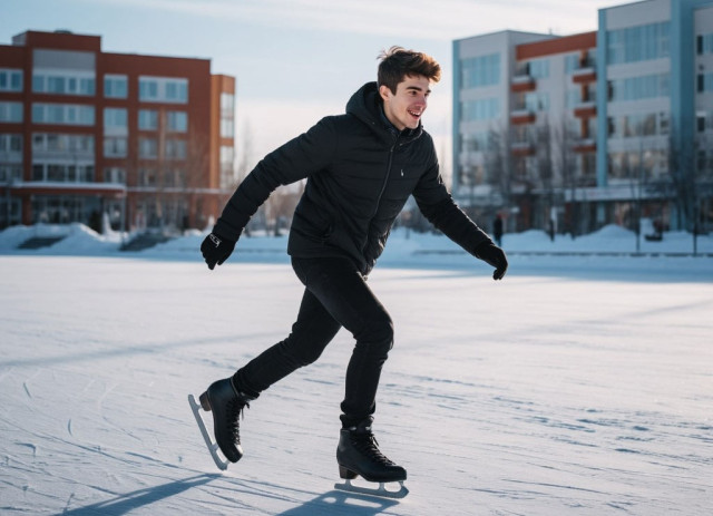 ​Мужчина на коньках прокатился по заледеневшему центру города нефтяников в ХМАО. ВИДЕО