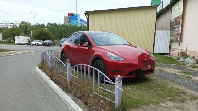 В Сургуте водитель экологичной Tesla испортил газон и попытался доказать, что он прав